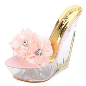 Chic Beautiful Blushing Pink Outdoor Garden Womens Sandals 2020 Appliques Rhinestone 14 Cm Wedges Open Peep Toe Sandals