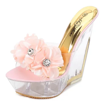 Chic Belle Rougissant Rose Jardin Extérieur Sandales Femme 2020 Appliques Faux Diamant 14 Cm Compensées Peep Toes Bout Ouvert Sandales