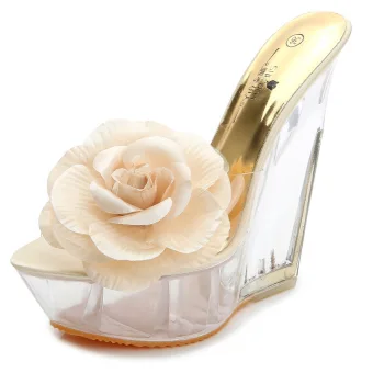 Chic Beautiful Beige Summer Outdoor Garden Crystal Womens Sandals 2020 Appliques 14 Cm Wedges Open Peep Toe Sandals