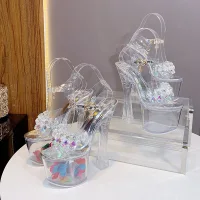 Sexy Transparent Silber Karneval Club Kristall Sandalen Damen 2020 Knöchelriemen Strass 17 cm Thick Heels Peeptoes Sandaletten
