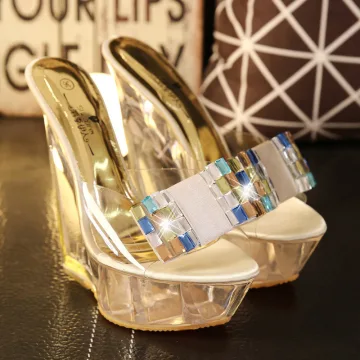 Charming Gold Cocktail Party Crystal Womens Sandals 2020 Rhinestone Bow 14 Cm Wedges Open Peep Toe Sandals