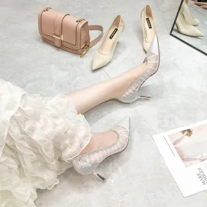 Sjarmerende Sølv Aften Pumps 2020 Lær Glitter Paljetter 7 Cm Stiletthæler Spisse Pumps