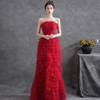 Sexy Rouge Plissée Robe De Soirée 2021 Princesse Bustier Sans Manches Dos Nu Soirée Longue Robe De Ceremonie