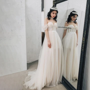 Schöne Champagner Brautkleider 2018 A Linie Mit Spitze Blumen Off Shoulder Rückenfreies Ärmellos Sweep Pinsel Zug Hochzeit