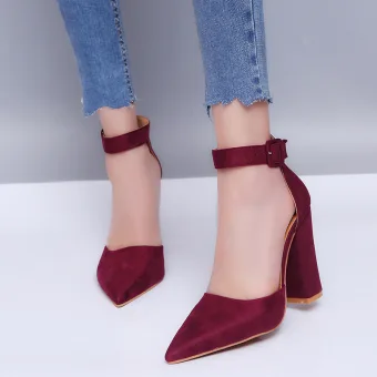 Affordable Burgundy Casual Suede Womens Sandals 2020 Ankle Strap 10 Cm Thick Heels Pointed Toe Sandals