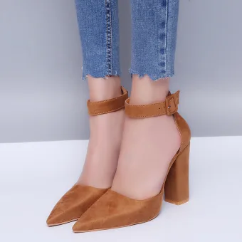 Affordable Brown Casual Womens Sandals 2020 Ankle Strap 8 Cm Thick Heels Pointed Toe Sandals