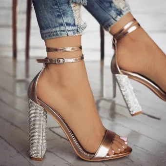 Chic Beautiful Champagne Cocktail Party Womens Sandals 2020 Ankle Strap 10 Cm Thick Heels Open Peep Toe Sandals
