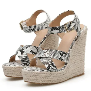 Chic Beautiful Beige Street Wear Braid Womens Sandals 2020 Snakeskin Print 14 Cm Wedges Open Peep Toe Sandals