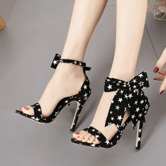 Fashion Black Cocktail Party Star Womens Sandals 2020 Bow Ankle Strap 11 Cm Stiletto Heels Open Peep Toe Sandals
