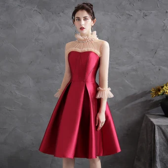 Chic Beautiful Red Homecoming Satin Graduation Dresses 2021 A Line Princess Ruffle Pearl High Neck 3 4 Sleeve Knee Length Formal Dresses