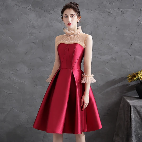 Chic / Beautiful Red Homecoming Satin Graduation Dresses 2021 A-Line / Princess Ruffle Pearl High Neck 3/4 Sleeve Knee-Length Formal Dresses
