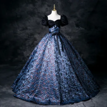 Vintage Originale Bleu Marine Impression Robe De Bal 2025 Robe Boule Encolure Carrée Gonflée Manches Courtes Noeud Ceinture Dos Nu Longue Promo Robe De Ceremonie