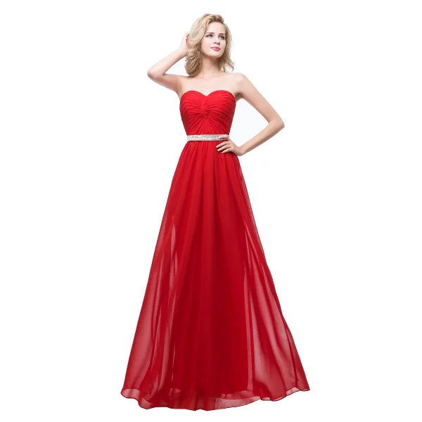 Enkel Rød Chiffon Selskapskjoler 2018 Empire Kjæreste Uten Ermer Rhinestone Sash Lange Buste Ryggløse Formelle Kjoler