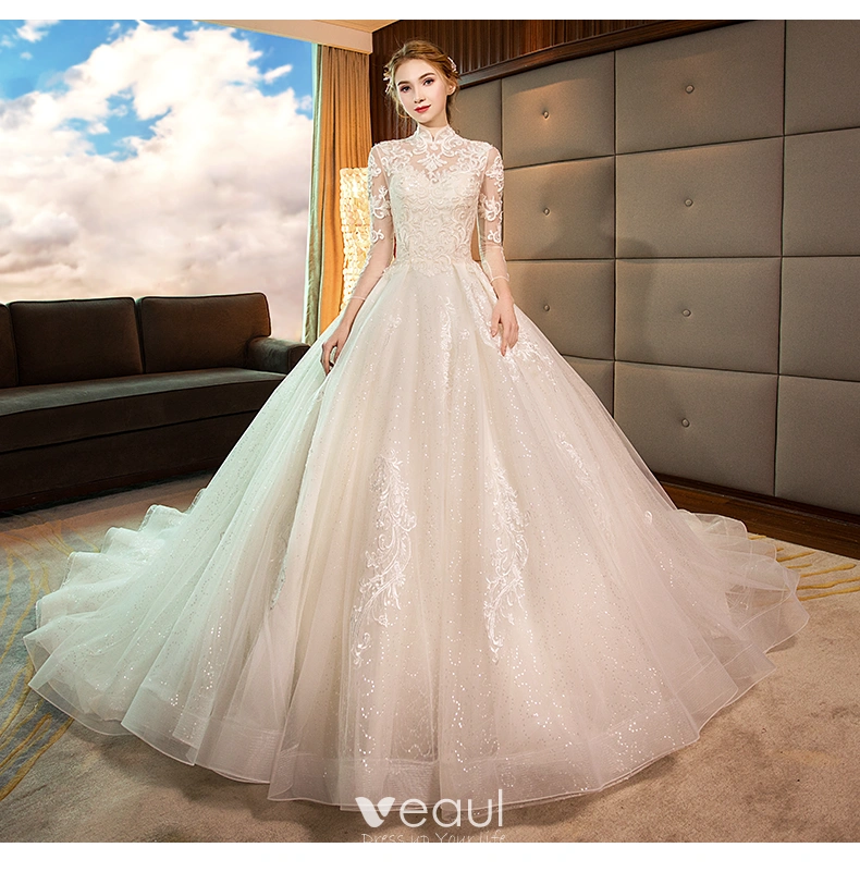 Luxury Gorgeous Champagne Wedding Dresses 2019 A Line Princess High Neck Lace Flower Long Sleeve Backless Royal Train