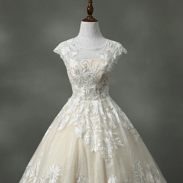 Luxe Champagne Robe Boule Robe De Mariée 2017 Encolure Dégagée Manches Courtes Volants Organza Dentelle Tribunal Train