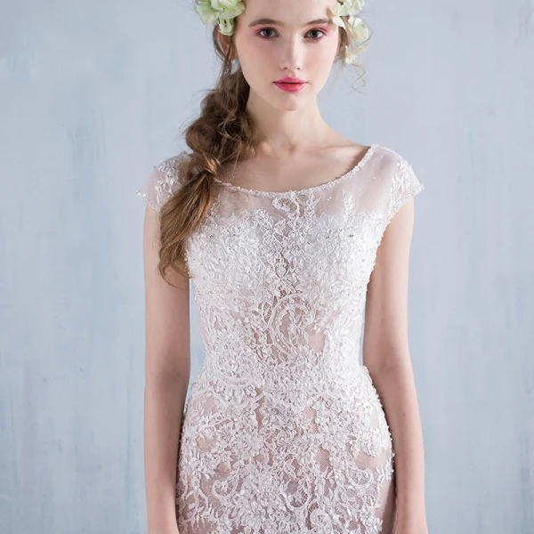 Modern / Fashion A-Line / Princess Beach Wedding Dresses 2017 Short Sleeve Backless Appliques White Glitter Lace Bow Sash Detachable Chapel Train