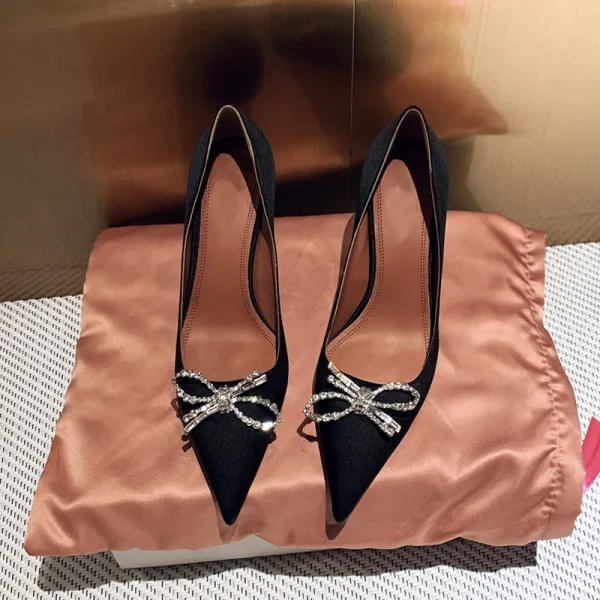 Chic / Beautiful Black Evening Party Rhinestone Bow Pumps 2021 Leather 8 cm Stiletto Heels Pointed Toe Pumps High Heels