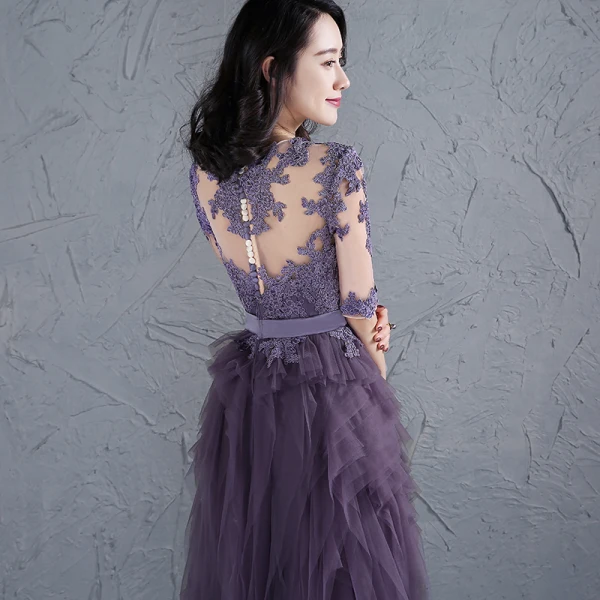 Élégant Grape Robe De Bal 2017 Encolure Dégagée 1/2 Manches Appliques En Dentelle Ceinture Volants Tulle Longue Robe De Ceremonie