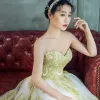 Luxury / Gorgeous A-Line / Princess Wedding Dresses 2017 Sweetheart Sleeveless White Organza Gold Lace Backless Ruffle Court Train