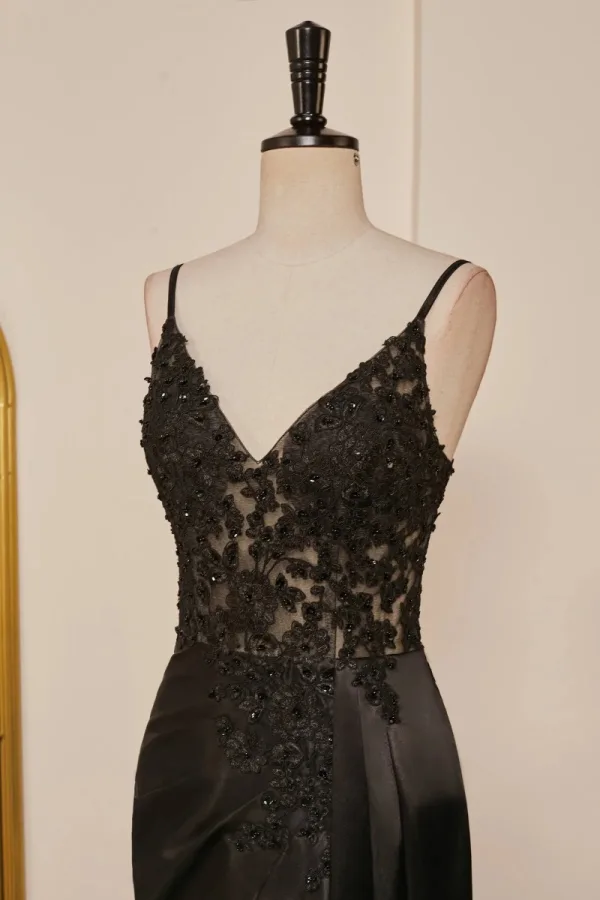 Sexy Black Satin Lace Split Front Prom Dresses 2024 Crossed Straps Sleeveless Spaghetti Straps Trumpet / Mermaid Floor-Length / Long Formal Dresses