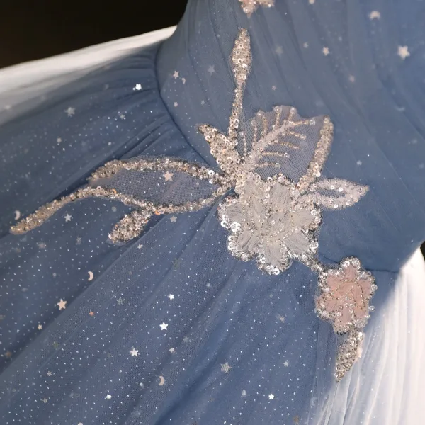 Bling Bling Sky Blue Beading Star Sequins Prom Dresses 2023 Ball Gown High Neck Short Sleeve Backless Floor-Length / Long Prom Formal Dresses