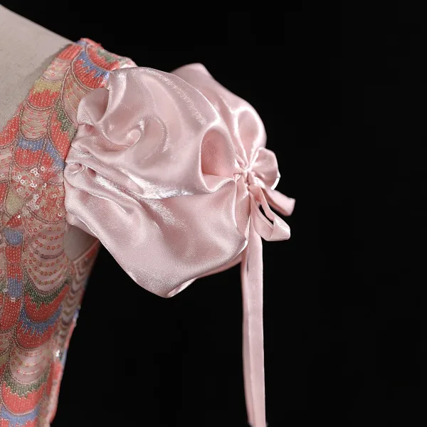 Schöne Rosa Perlenstickerei Pailletten Ballkleider 2023 A Linie Eckiger Ausschnitt Geschwollenes Kurze Ärmel Rückenfreies Lange Ball Festliche Kleider
