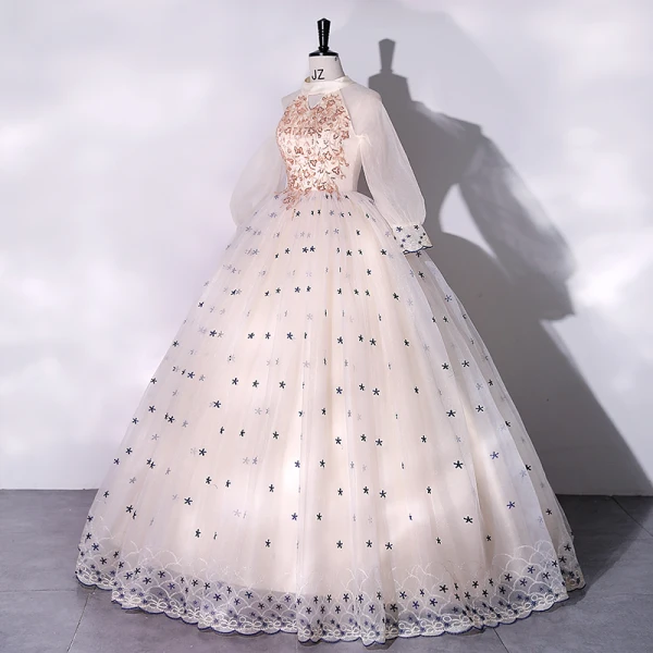 Élégant Champagne Robe De Bal 2022 Robe Boule Encolure Dégagée Étoile En Dentelle Perlage Perle Paillettes Manches Longues Longue Robe De Ceremonie