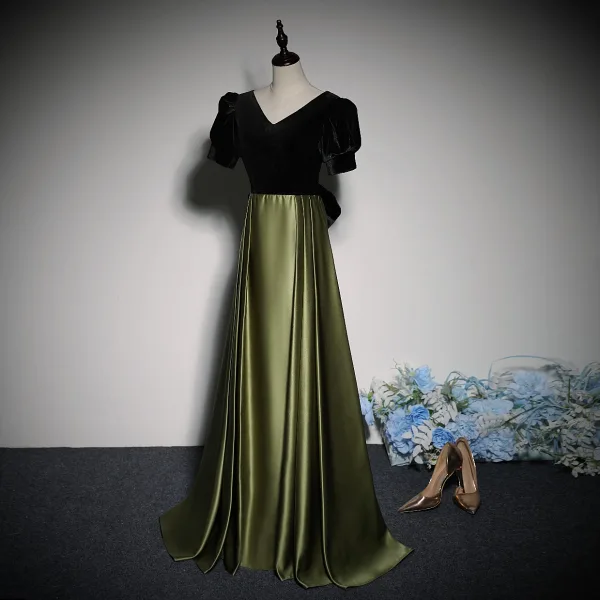 Vintage / Retro Dark Green Velvet Prom Dresses 2023 A-Line / Princess V-Neck Short Sleeve Backless Bow Floor-Length / Long Prom Formal Dresses