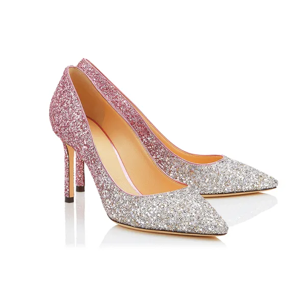 Sparkly Gradient-Color Blushing Pink Prom Pumps 2018 Sequins Leather 8 cm Stiletto Heels Pumps
