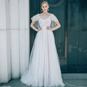 Chic Beautiful Ivory Wedding Dresses 2018 A Line Princess Lace Square Neckline Backless Short Sleeve Sweep Train Wedding