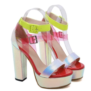 Fashion Two Tone Laser Rave Club Womens Sandals 2020 Ankle Strap 13 Cm Thick Heels Open Peep Toe Sandals