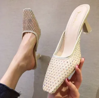 Affordable Beige Casual Rhinestone Womens Sandals 2020 5 Cm Stiletto Heels Square Toe Sandals