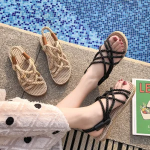 Romersk Aprikos Beige Stranden Fläta Platt Damskor 2020 Peep Toe Platt Toffel Flip Flops