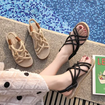 Romain Beige Plage Tresser Plate Chaussures Femmes 2020 Peep Toes Bout Ouvert Plat Pantoufle Tongs