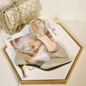 Mode Doré Chaussure De Mariée 2020 Paillettes Bride Cheville 6 Cm Talons Aiguilles À Bout Pointu Mariage Talons