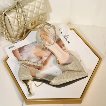 Fashion Gold Wedding Shoes 2020 Sequins Ankle Strap 6 Cm Stiletto Heels Pointed Toe Wedding Heels