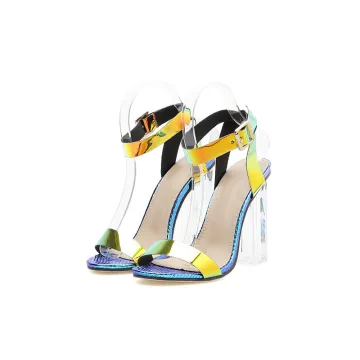 Fint Multi Färger Sandaler Dam 2020 Ankelband 11 Cm Tjocka Klackar Peep Toe Sandaler