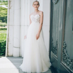 Chic Beautiful Ivory Wedding Dresses 2018 A Line Princess Lace Flower Beading Pearl Spaghetti Straps Backless Sleeveless Floor Length Long Wedding