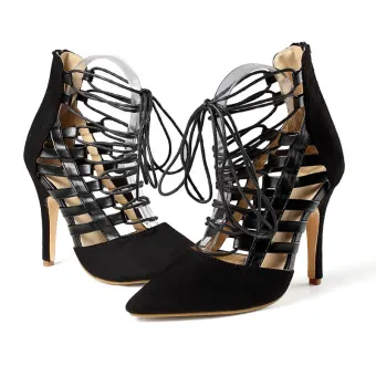 Roman Street Wear Black Pierced Womens Sandals 2020 Suede X Strap 11 Cm Stiletto Heels Pointed Toe Sandals