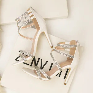 Mode Blanche Soirée Sandales Femme 2020 Paillettes Bride Cheville 10 Cm Talons Aiguilles Peep Toes Bout Ouvert Sandales