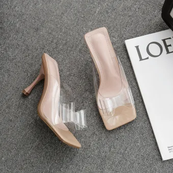 Transparent Beige Désinvolte Noeud Sandales Femme 2020 9 Cm Talons Aiguilles Peep Toes Bout Ouvert Sandales