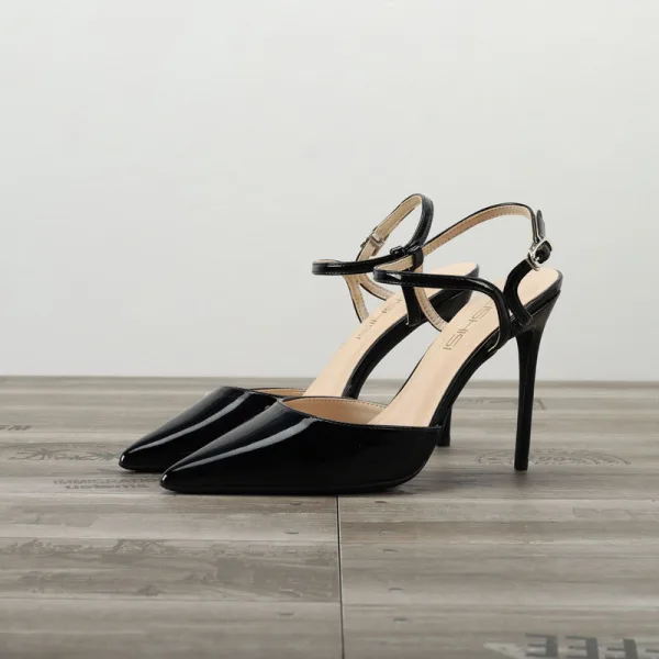 Fashion Black Street Wear Womens Sandals 2020 Patent Leather Ankle Strap 10 cm Stiletto Heels Pointed Toe Sandals