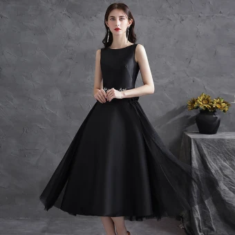 Chic Belle Noire Satin De Retour Robe De Graduation 2021 Princesse Encolure Dégagée Faux Diamant Ceinture Sans Manches Dos Nu Noeud Thé Longueur Robe De Ceremonie