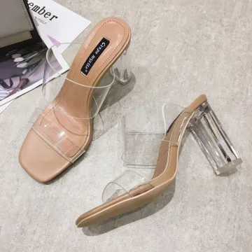 Doorzichtig Abrikoos Beige Straatkleding Sandalen Dames 2020 9 Cm Dikke Hak Peep Toe Sandalen