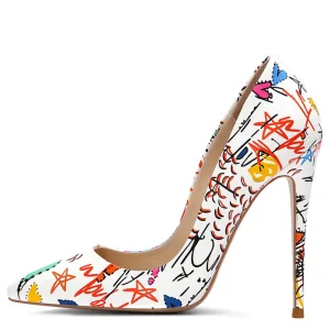 Mode Witte Straatkleding Graffiti Spotprent Pumps 2020 12 Cm Naaldhakken Stiletto Spitse Neus Pumps