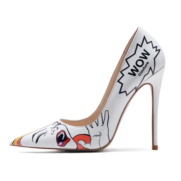 Fashion White Casual Pumps 2020 Cartoon Doodle 12 cm Stiletto Heels Pointed Toe Pumps
