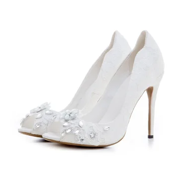 Charming White Wedding Shoes 2020 Rhinestone Lace Flower 12 Cm Stiletto Heels Open Peep Toe Wedding Pumps