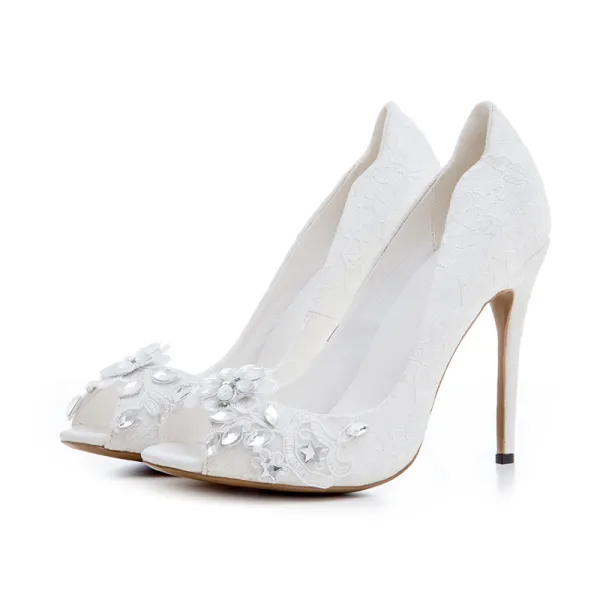 Charming White Wedding Shoes 2020 Rhinestone Lace Flower 12 cm Stiletto Heels Open / Peep Toe Wedding Pumps