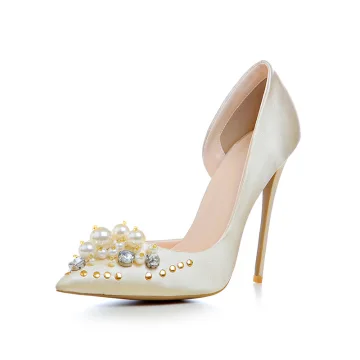 Fashion Champagne Wedding Shoes 2020 Rhinestone Pearl 12 Cm Stiletto Heels Pointed Toe Wedding Pumps