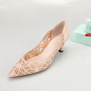 Charming Beige Dating Pierced Pumps 2020 Leather Rhinestone 6 Cm Stiletto Heels Pointed Toe Pumps